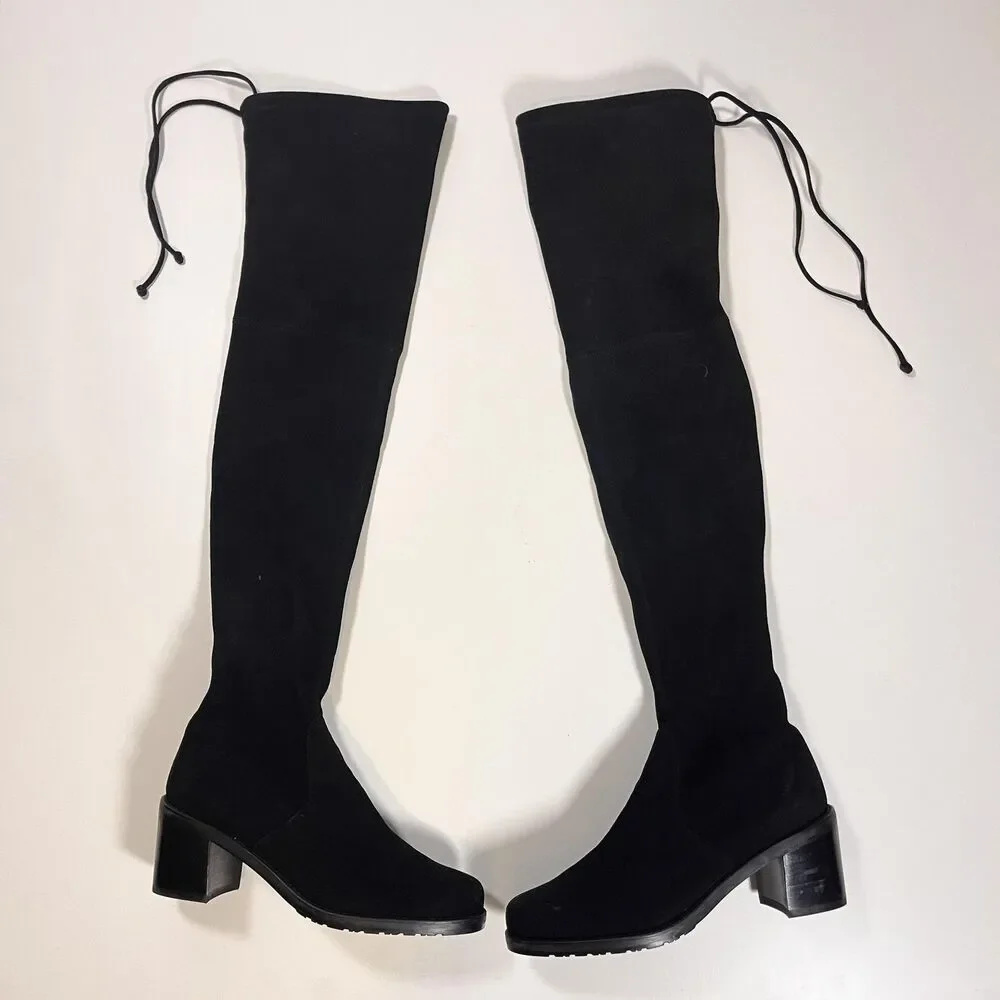 Stuart Weitzman Suede Tieland Boots 8 Black Over The Knee Chunky Block Heel